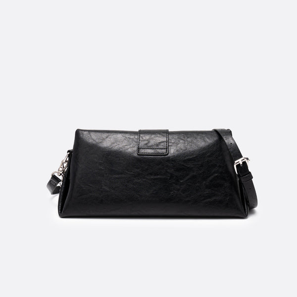 Schwarze strukturierte Mini-Schultertasche in quadratischer Form mit übergroßer Schnallenklappe, Kettenriemen und passender Reißverschlusstasche aus glattem, genarbtem