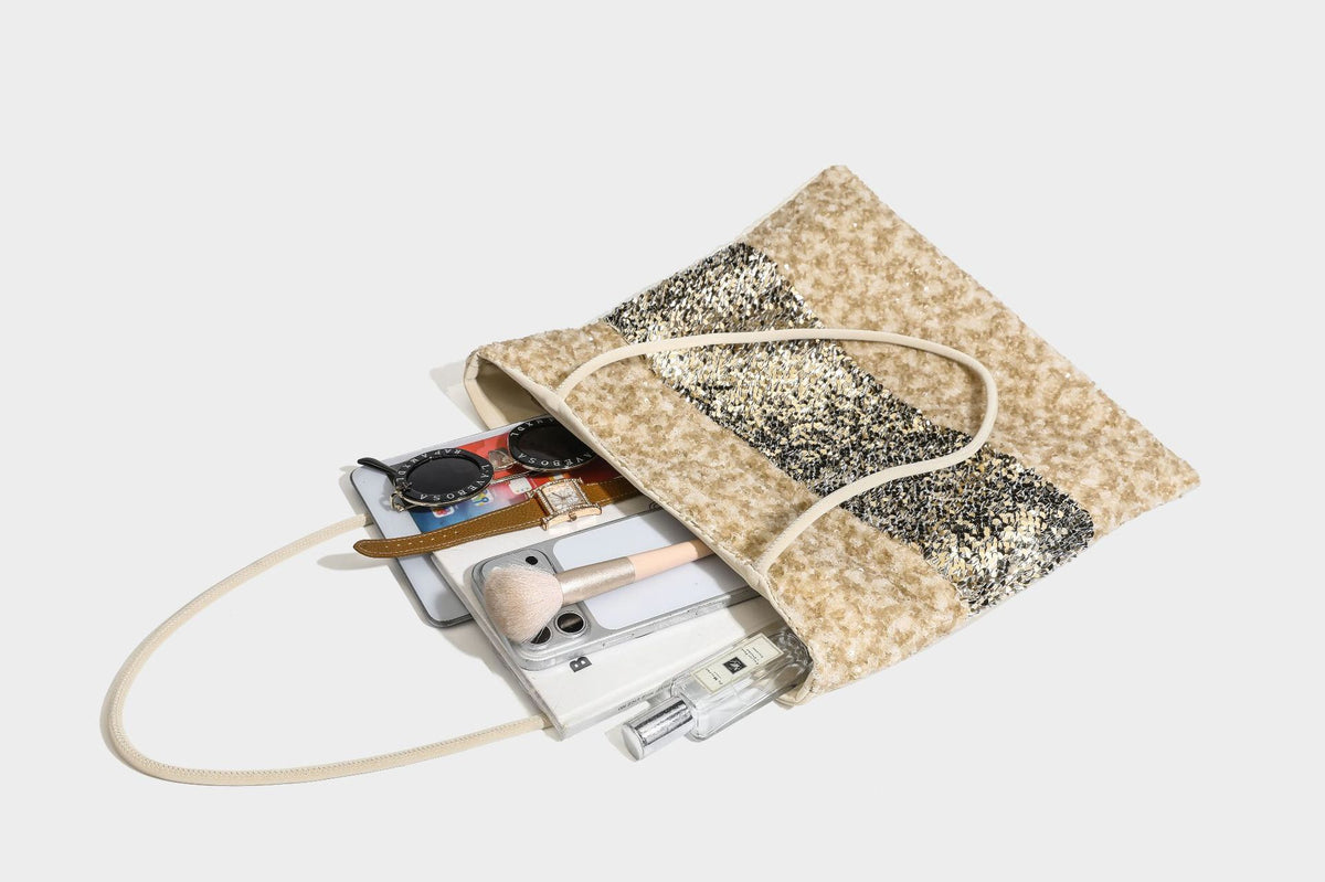 Soft rectangular sequin tote bag with colorblock metallic panels and long slim shoulder straps, detail view 37