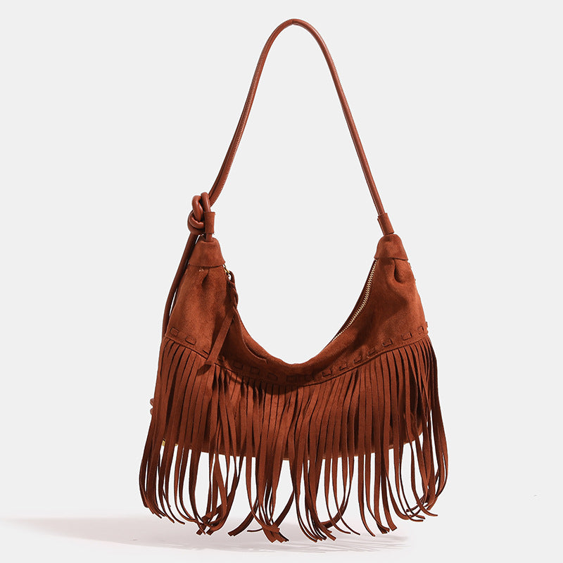 Slouchy fringe hobo shoulder bag in matte suede-like finish with tie-knot cord strap and gold-tone zip closure, detail view 8