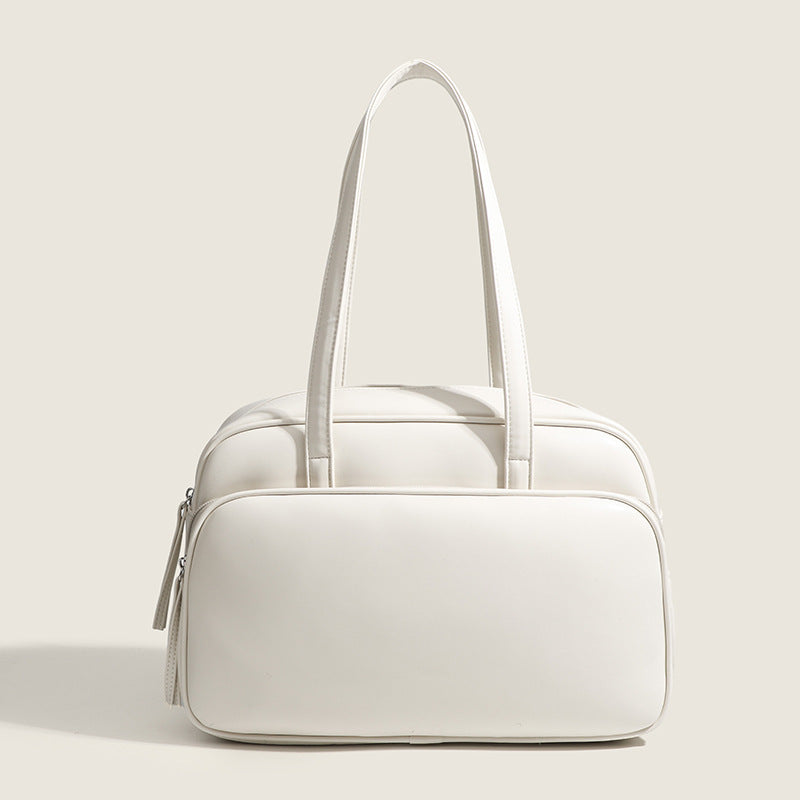 Large structured rectangular leather-look shoulder bag with dual zip compartments and double top handles, detail view 7