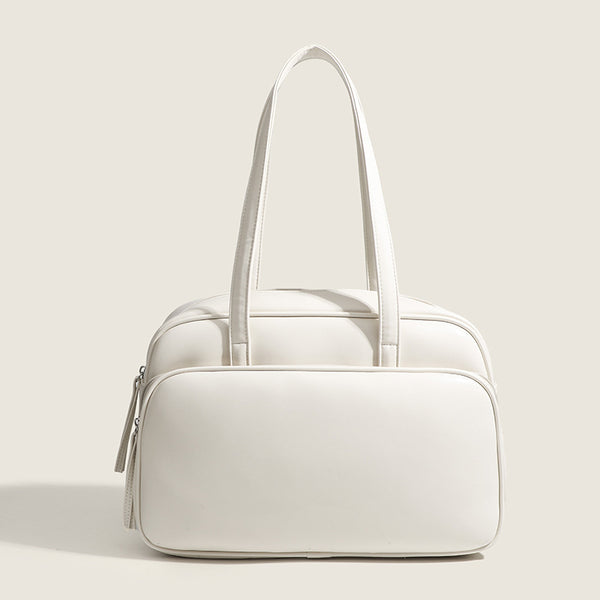 Large structured rectangular leather-look shoulder bag with dual zip compartments and double top handles, detail view 7