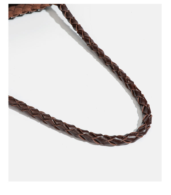Dark brown hand-woven leather-look hobo shoulder bag with braided strap and drawstring closure, detail view 24