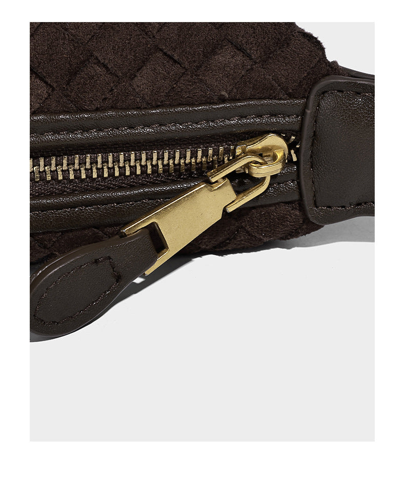 Small woven-texture crescent hobo bag in dark chocolate brown with top zip closure, gold-tone hardware, and adjustable