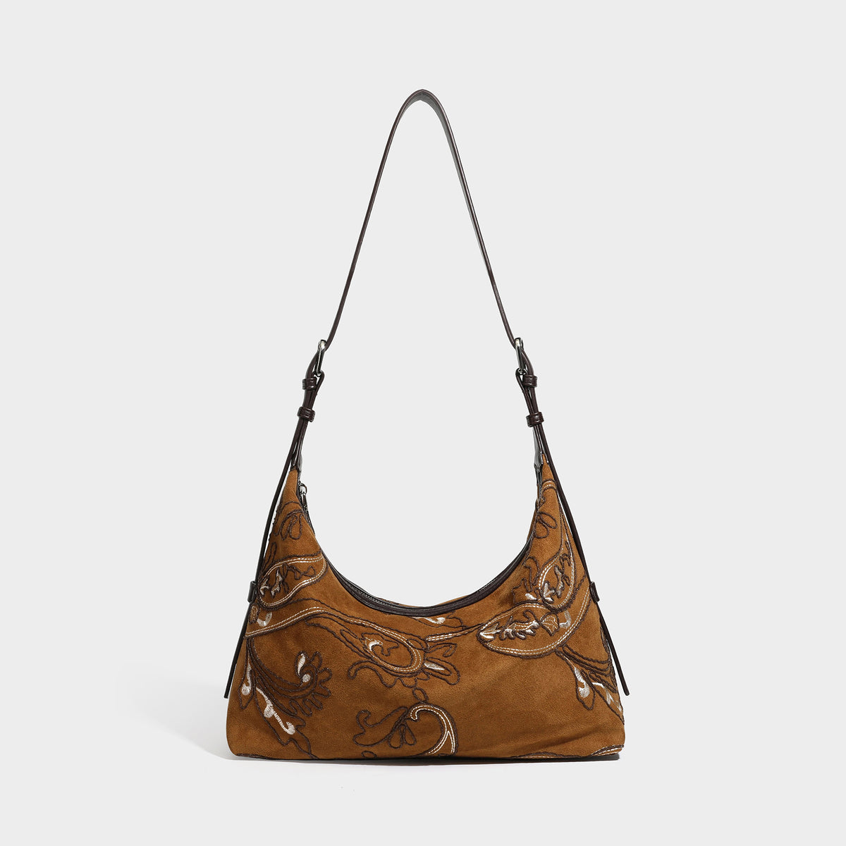 Deep chocolate suede-look hobo shoulder bag with tonal paisley floral embroidery, smooth dark leather-look trim, top zip