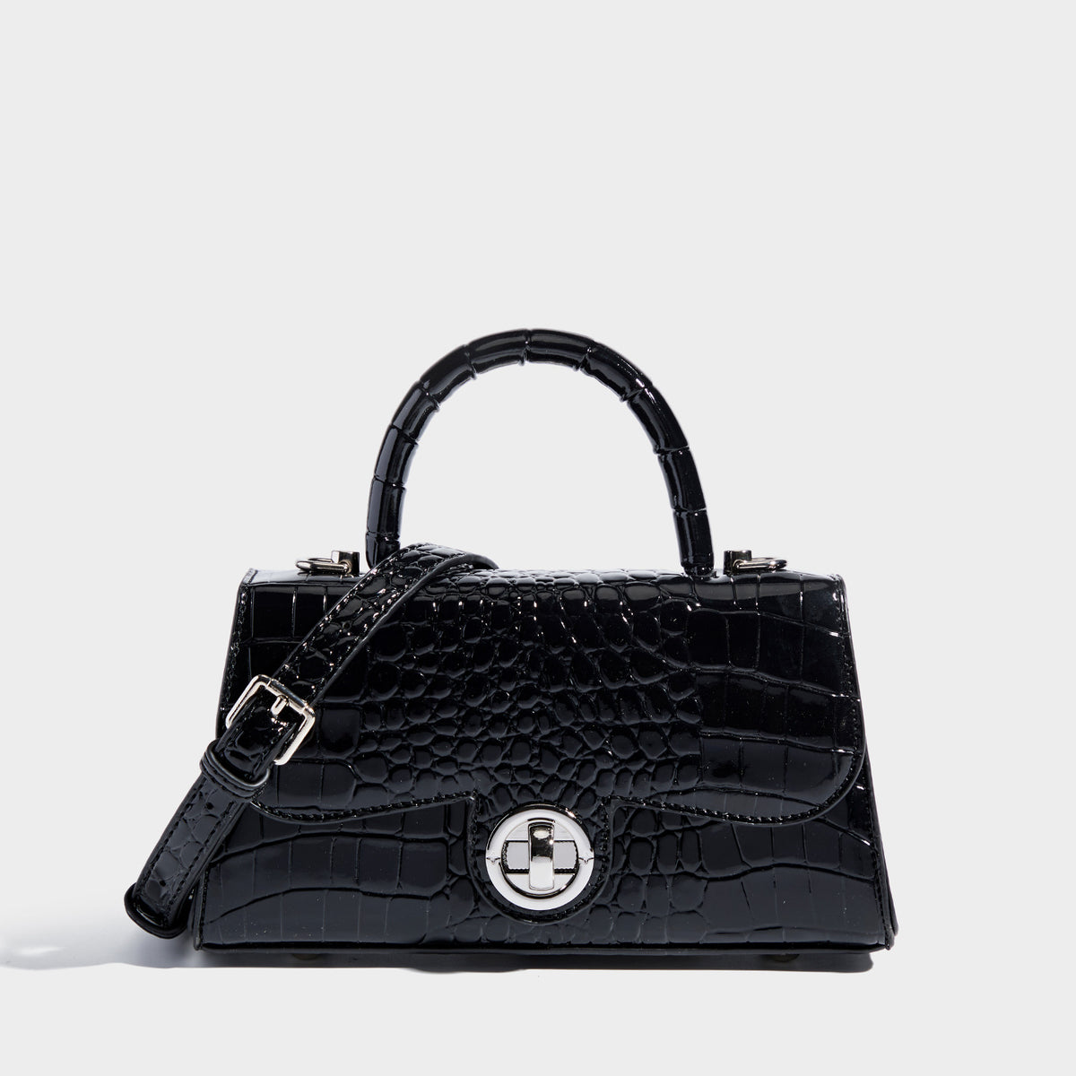 Mini croc-embossed glossy structured handbag with silver-tone turn-lock clasp and short top handle, detail view 8