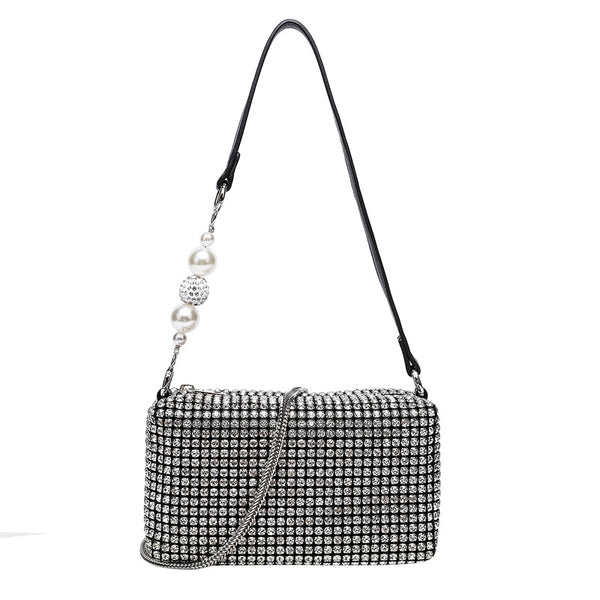 Small rectangular all-over rhinestone crossbody bag with pearl bead zipper pull and detachable silver chain strap, detail