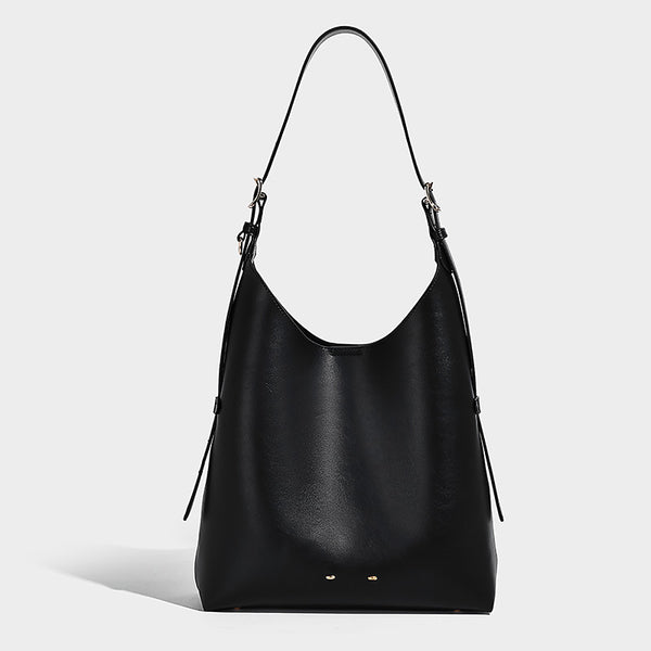 Large open-top hobo shoulder bag in tan leather-look finish with detachable zip pouch and adjustable buckle strap, detail