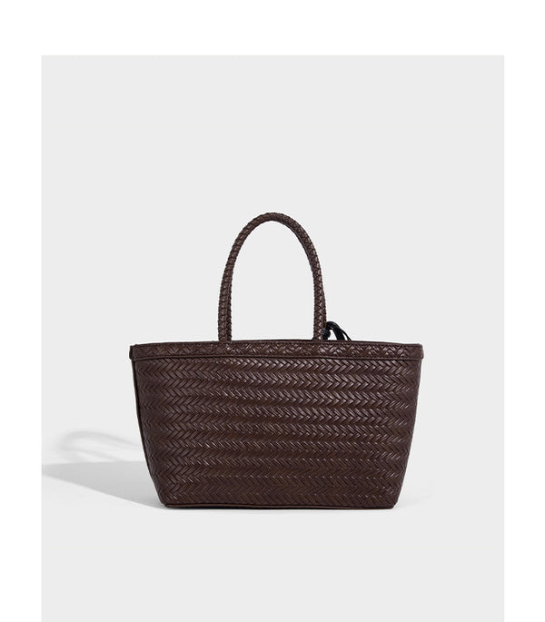 Structured chevron woven leather-look tote bag with braided top handles, gold feather charm, and adjustable shoulder strap