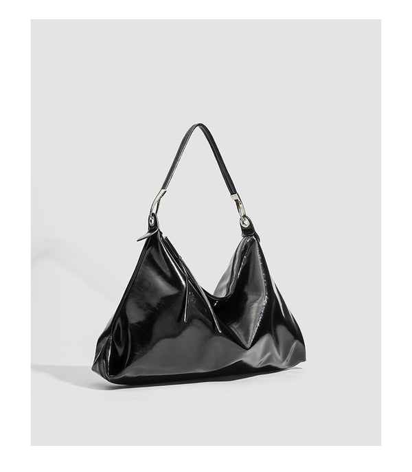 Glossy structured shoulder tote bag with silver-tone hardware and top zip closure, detail view 11