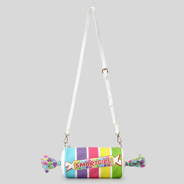 Regenbogen-gestreifte Candy-Fass-Crossbody-Tasche mit transparenten, gedrehten Enden, weißem verstellbarem Trageriemen und goldfarbenen Beschlägen, Detailansicht