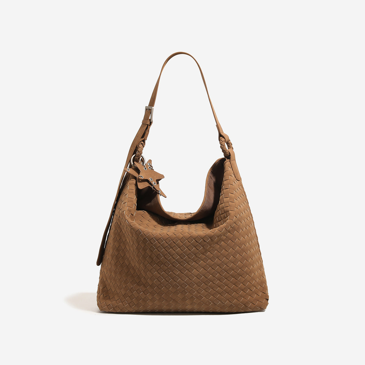 Slouchy woven hobo shoulder bag with matte suede-like finish, adjustable strap, and star charm hardware, front view