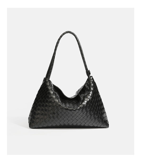 Slouchy woven leather-look hobo shoulder bag with braided strap and open top, detail view 16