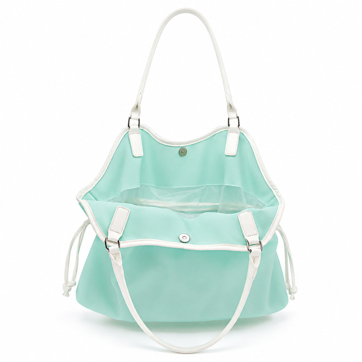 Glossy mint jelly-look tote bag with white leather-look trim, scalloped top edge, silver star mirror charm on ball chain