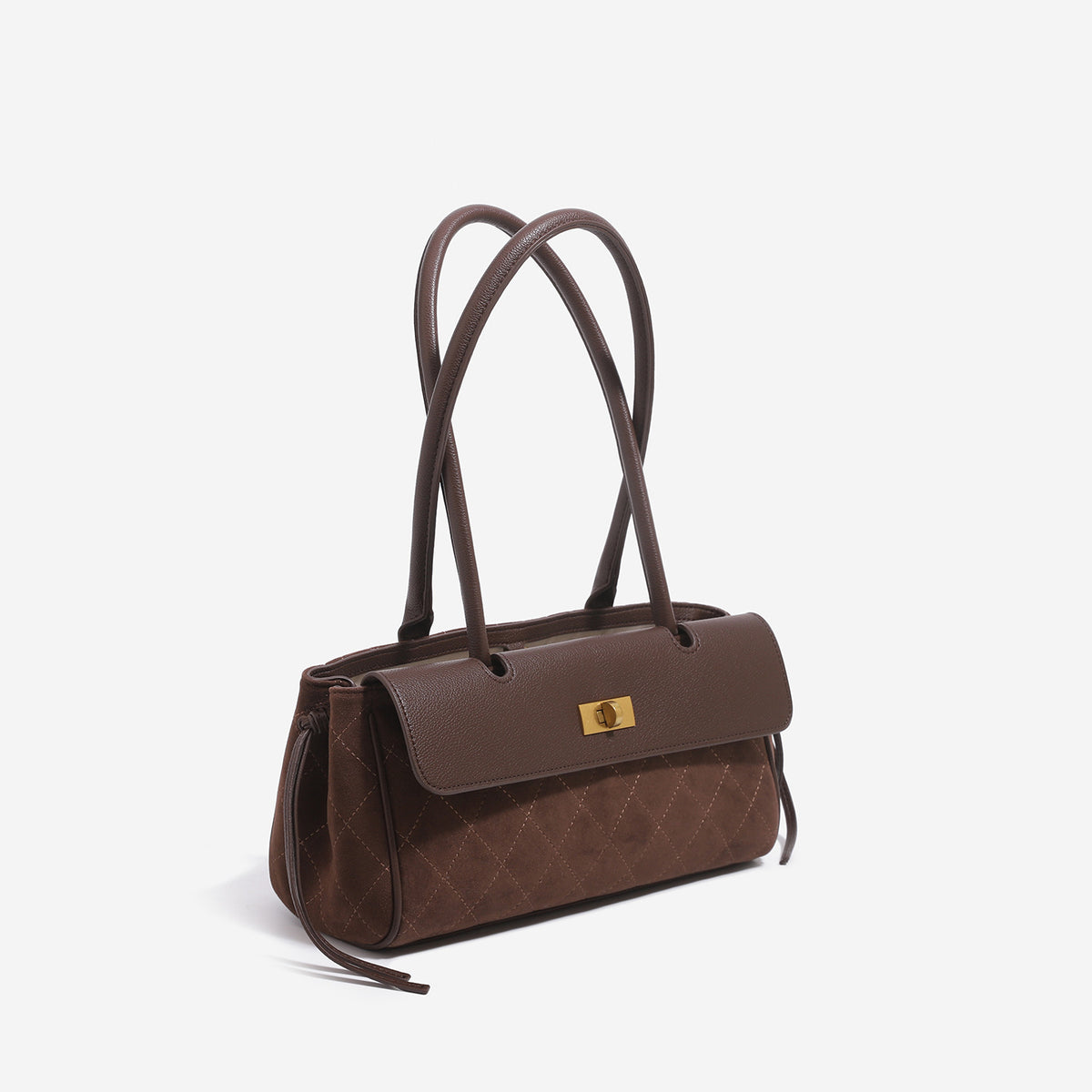 Structured rectangular baguette shoulder bag with diamond quilted lower panel, smooth flap, gold-tone turn-lock closure