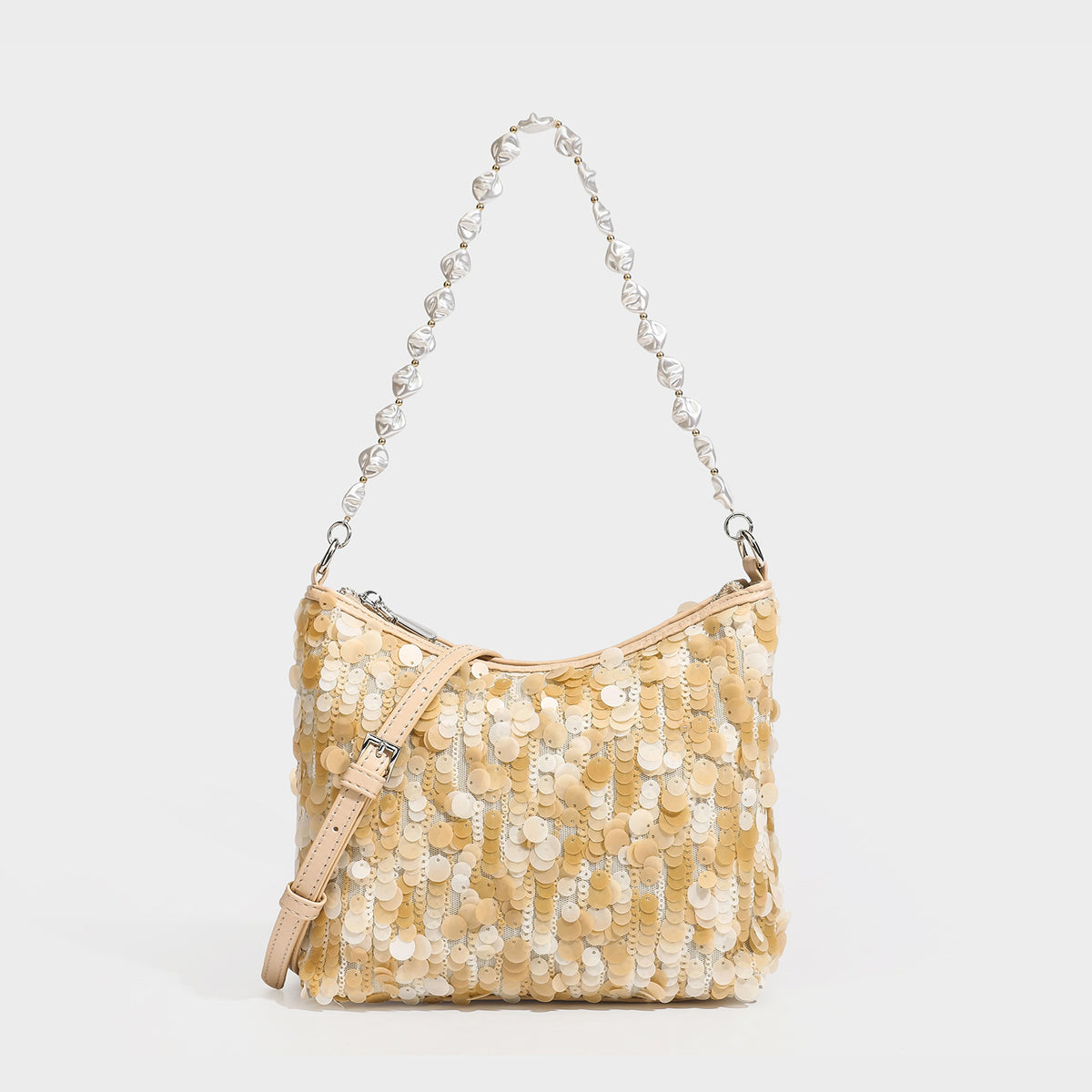 Champagne and ivory large-disc sequin shoulder bag with baroque faux-pearl beaded chain strap and silver-tone zip closure