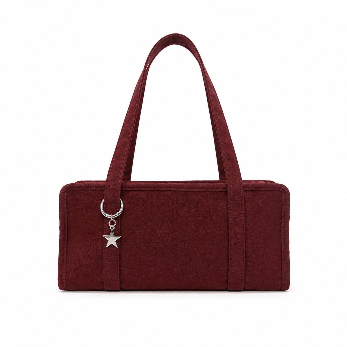 Structured rectangular retro plaid mini handbag with flower and star appliqués, silver star charm, and twin top handles