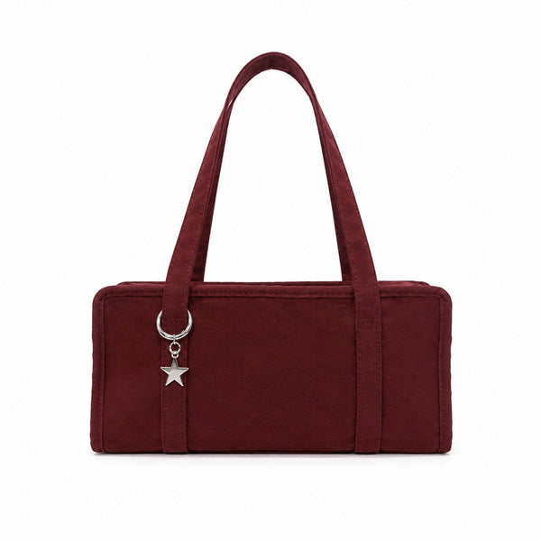 Structured rectangular retro plaid mini handbag with flower and star appliqués, silver star charm, and twin top handles