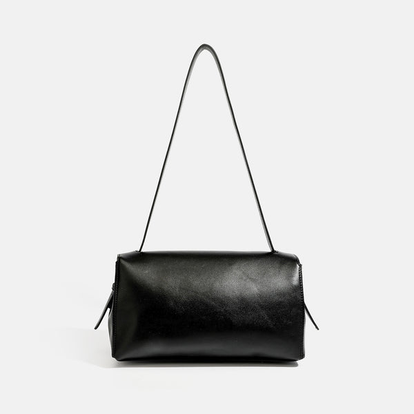 Structured rectangular flap shoulder bag with smooth leather-look finish, silver-tone turn-lock clasp, and long slim