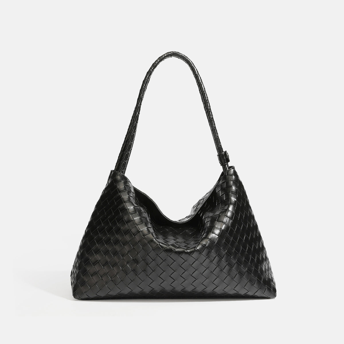 Slouchy woven leather-look hobo shoulder bag with braided strap and open top, detail view 6