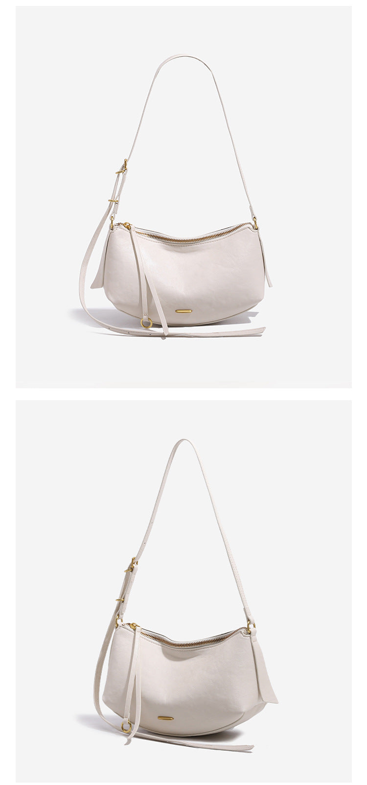 Compact soft rounded zip-top shoulder bag with gold-tone hardware and adjustable crossbody strap, detail view 13