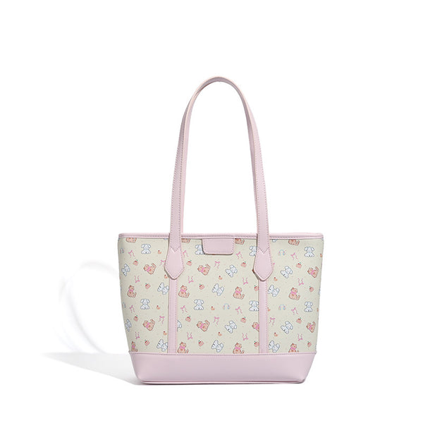 Große, strukturierte Tote-Bag mit Reißverschluss oben, Einsätzen mit pastellfarbenem Cartoon-Print, glattem Besatz in rosafarbener Lederoptik und zwei Schulterriemen
