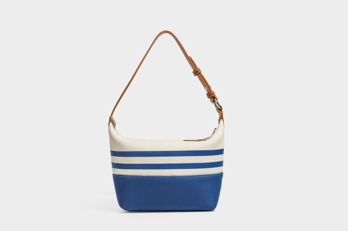 Creme-blau gestreifte Canvas-Schultertasche mit hellbraunem Riemen in Lederoptik und Reißverschluss in Silberoptik, Detailansicht 19