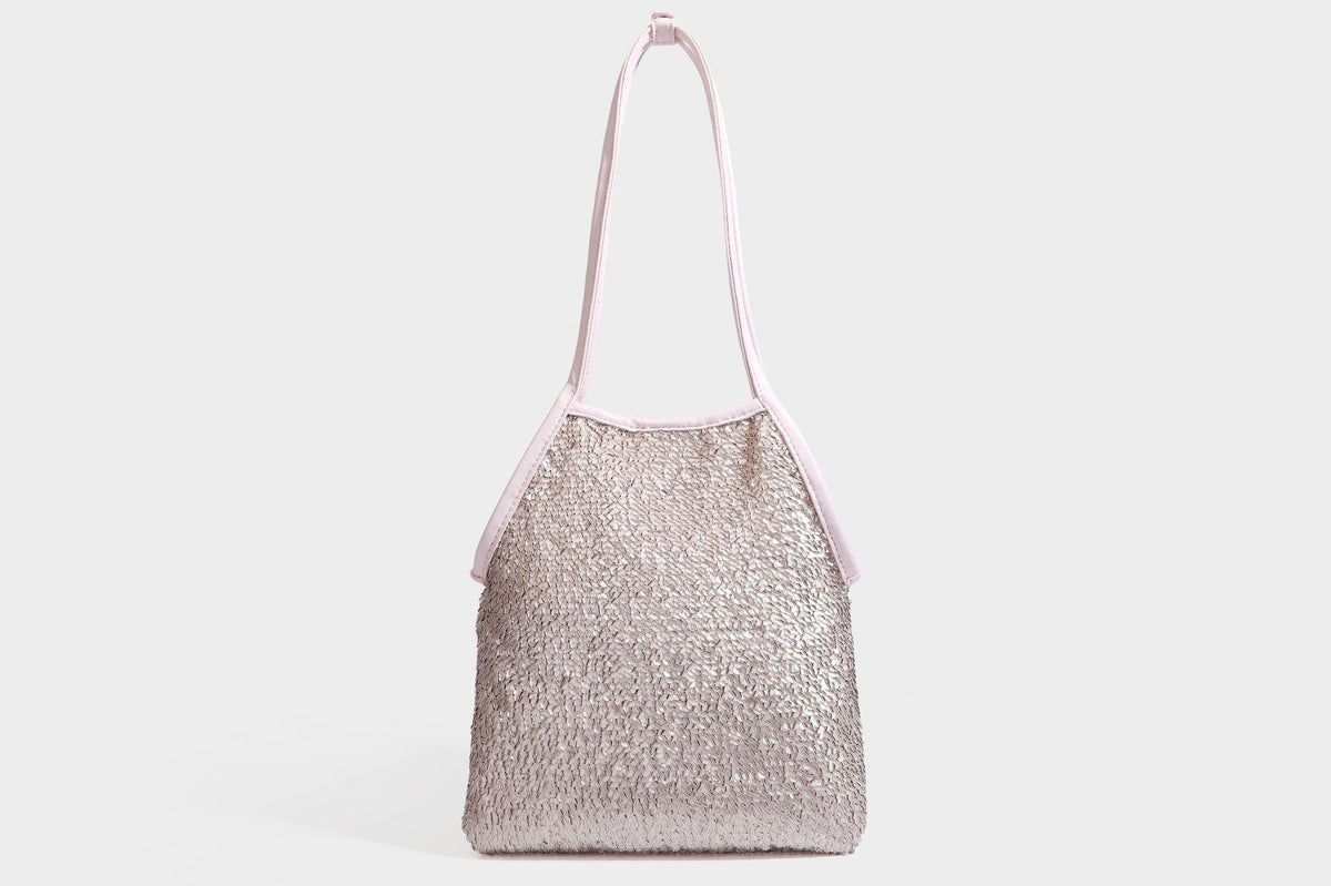 Kleine Pailletten-Schultertasche im Tote-Stil mit langem Metallic-Riemen und trapezförmiger Silhouette, Detailansicht 36