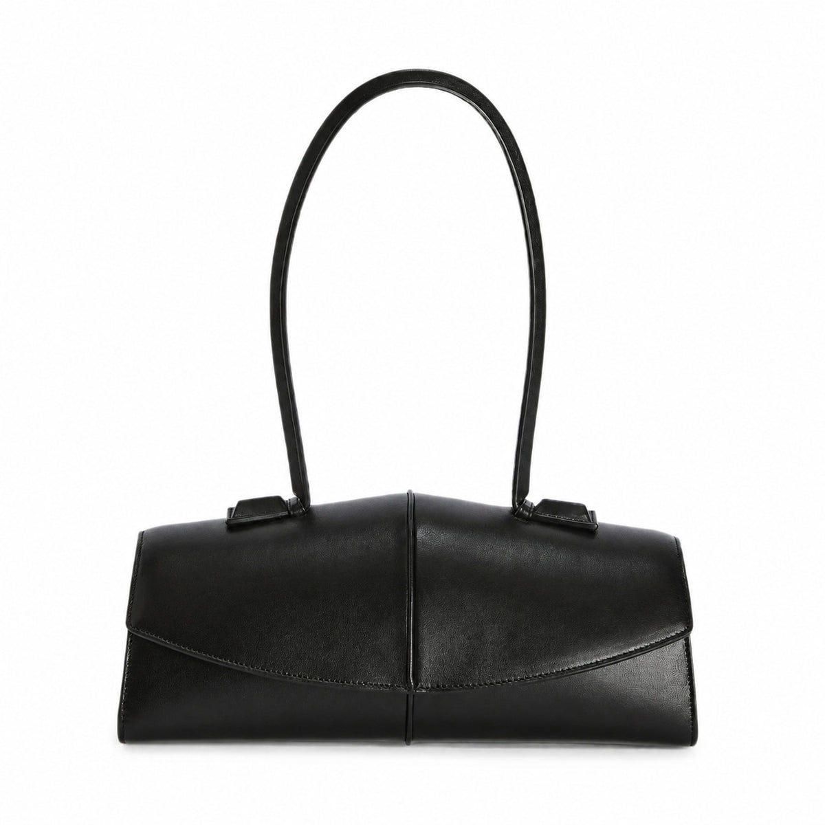 Elongated structured baguette shoulder bag with curved flap closure and slim looped strap, detail view 9