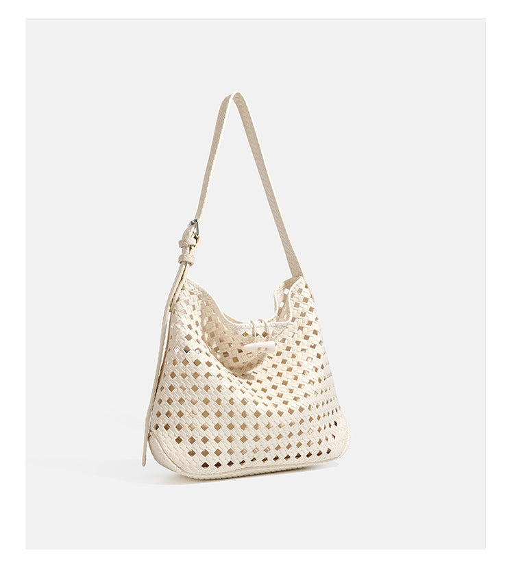 Brown open-lattice woven leather-look hobo shoulder bag with braided strap and matching zip pouch, detail view 23