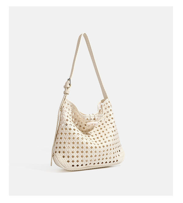 Brown open-lattice woven leather-look hobo shoulder bag with braided strap and matching zip pouch, detail view 23