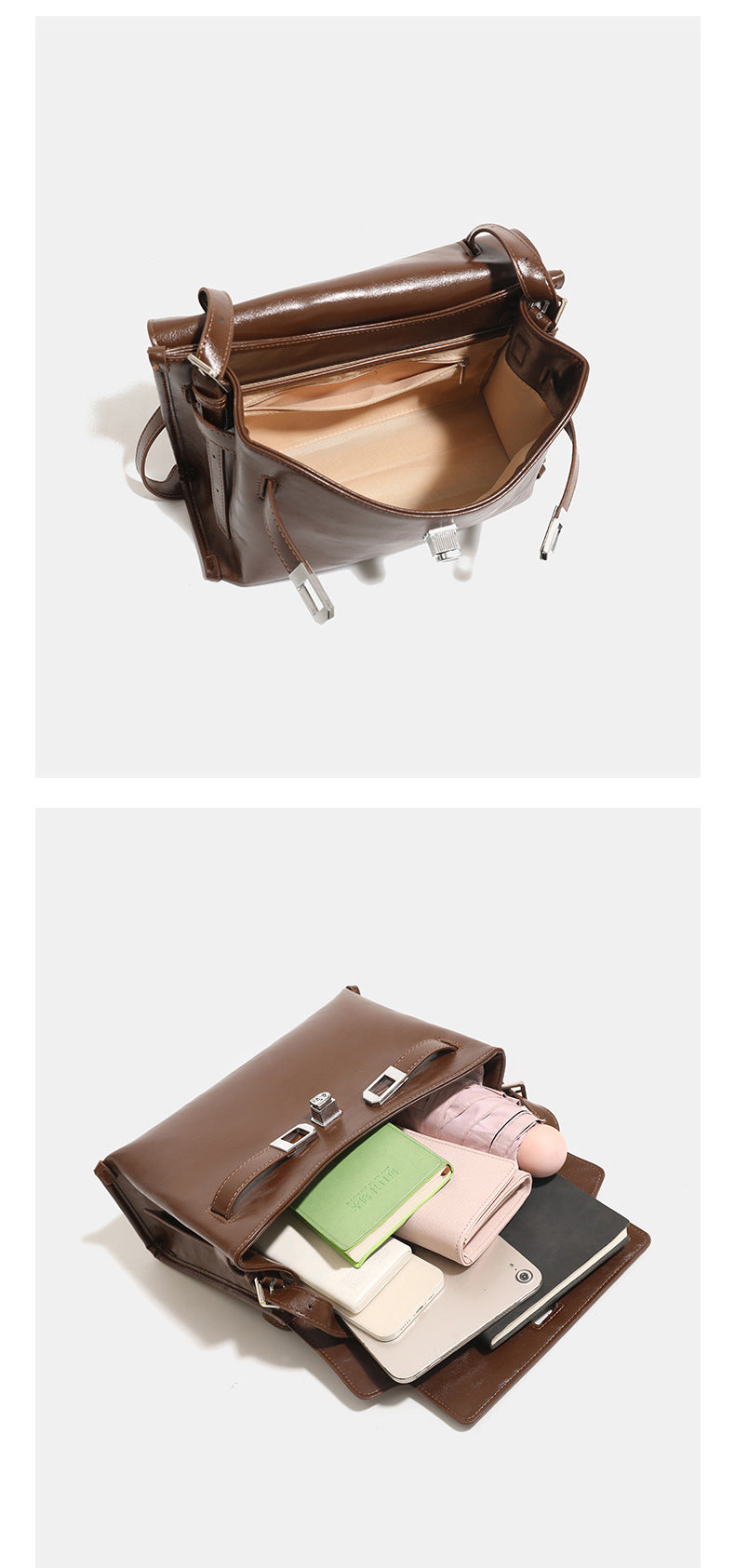 Structured rectangular flap shoulder bag in glossy leather-look finish with silver turn-lock clasp and adjustable strap