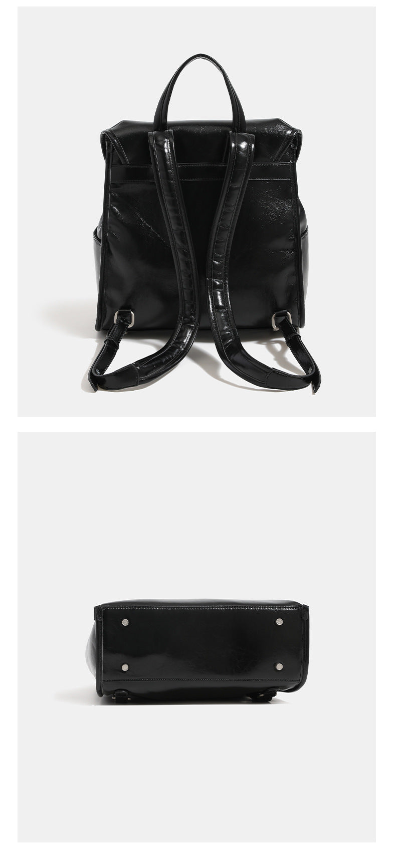 Structured glossy leather-look flap backpack with twin buckle closures and top grab handle, detail view 15