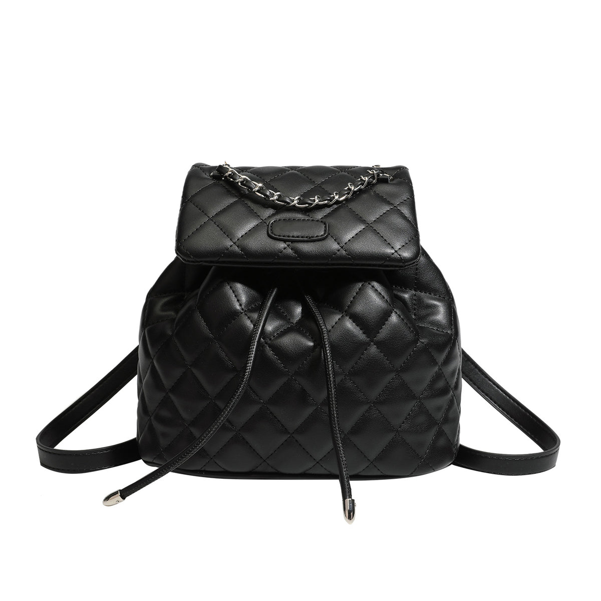 Black diamond-quilted backpack handbag with silver-tone chain flap accent and adjustable shoulder straps, detail view 5