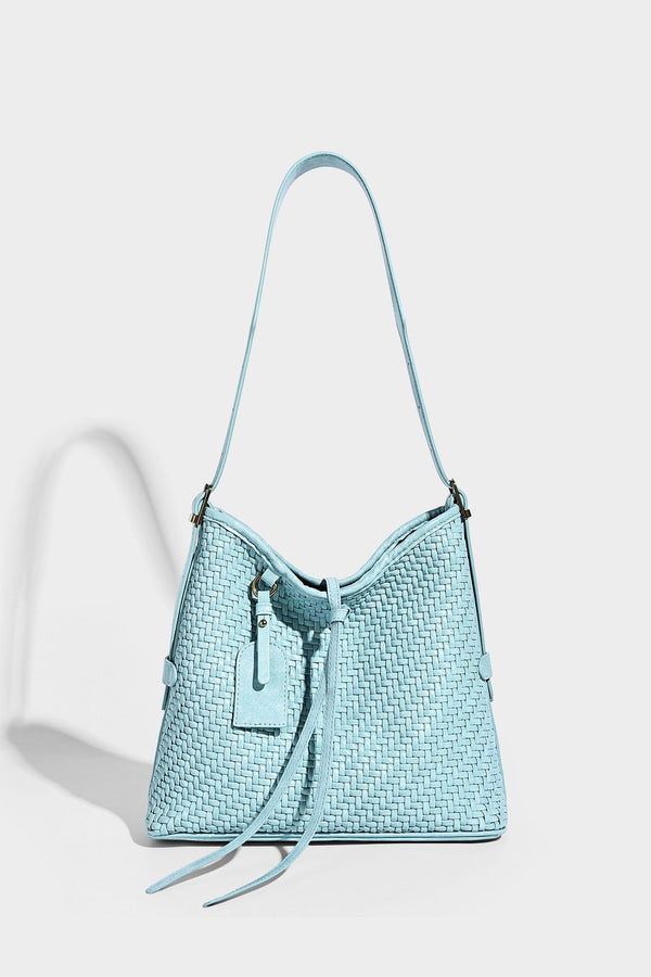 Slouchy woven-texture bucket shoulder bag with tassel tie closure and gold-tone hardware, detail view 29