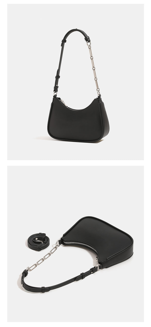 Compact crescent half-moon shoulder bag with chain-and-leather adjustable strap and silver-tone hardware, detail view 12