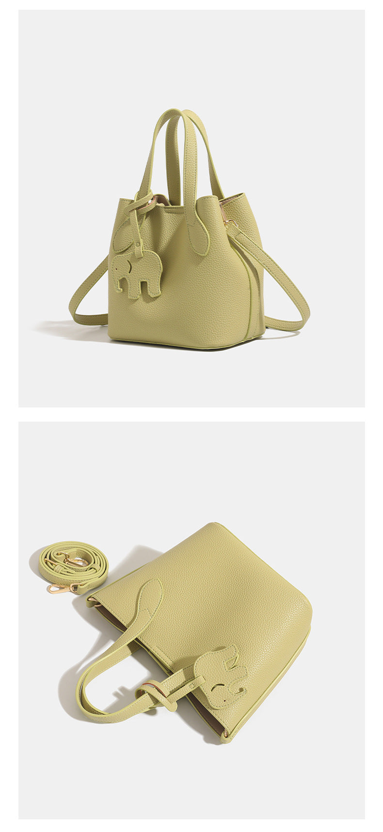 Pebbled leather-look bucket tote with elephant charm pendant, dual top handles, and detachable shoulder strap, detail view 12