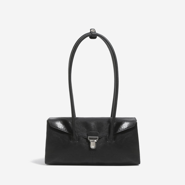 Compact structured rectangular flap shoulder bag with silver-tone turn-lock clasp and long rounded handles, detail view 8