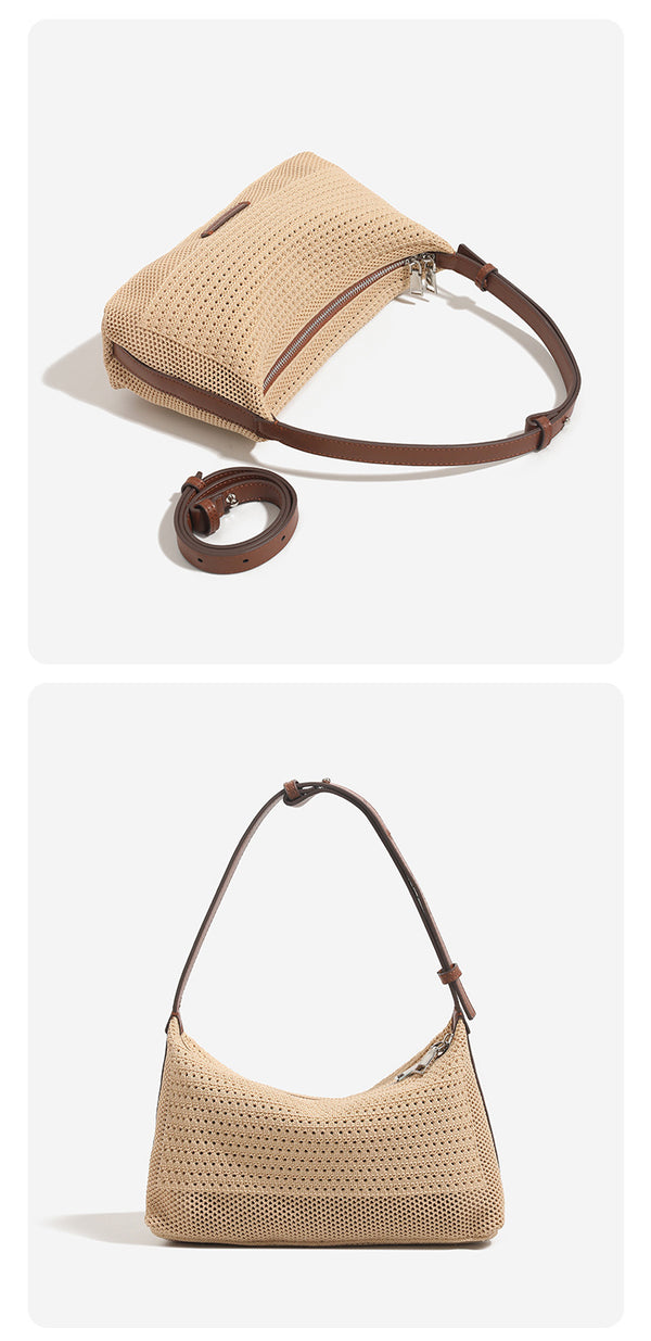 Woven crescent hobo shoulder bag with adjustable leather-look strap and top zip closure, detail view 9