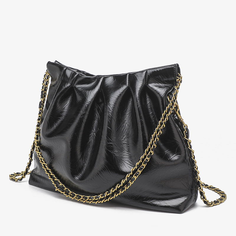 Ruched high-gloss leather-look hobo shoulder bag with gold-tone chain strap, detail view 7