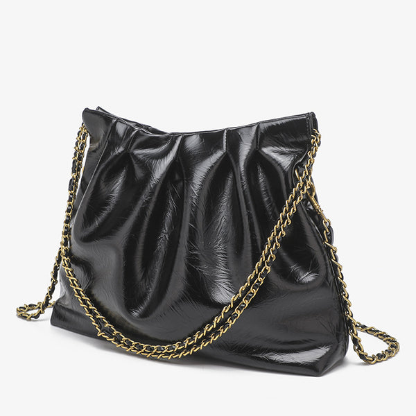 Ruched high-gloss leather-look hobo shoulder bag with gold-tone chain strap, detail view 7