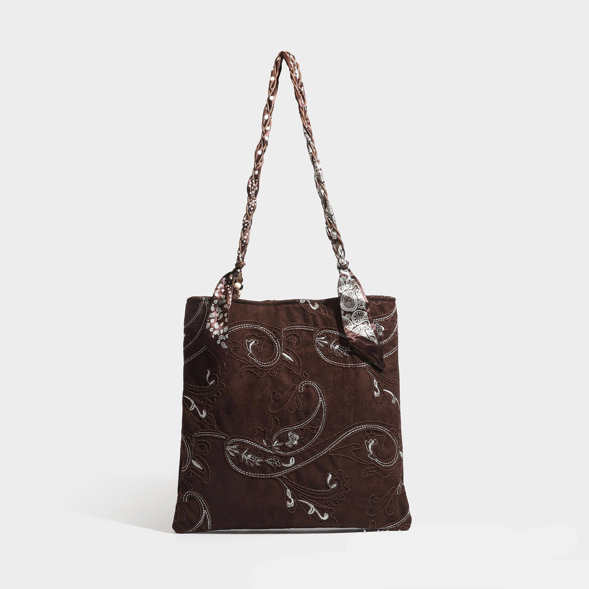 Braune Tote-Bag in Veloursleder-Optik mit Paisley-Stickerei und geflochtenem Schulterriemen aus Stoffband, Detailansicht 6
