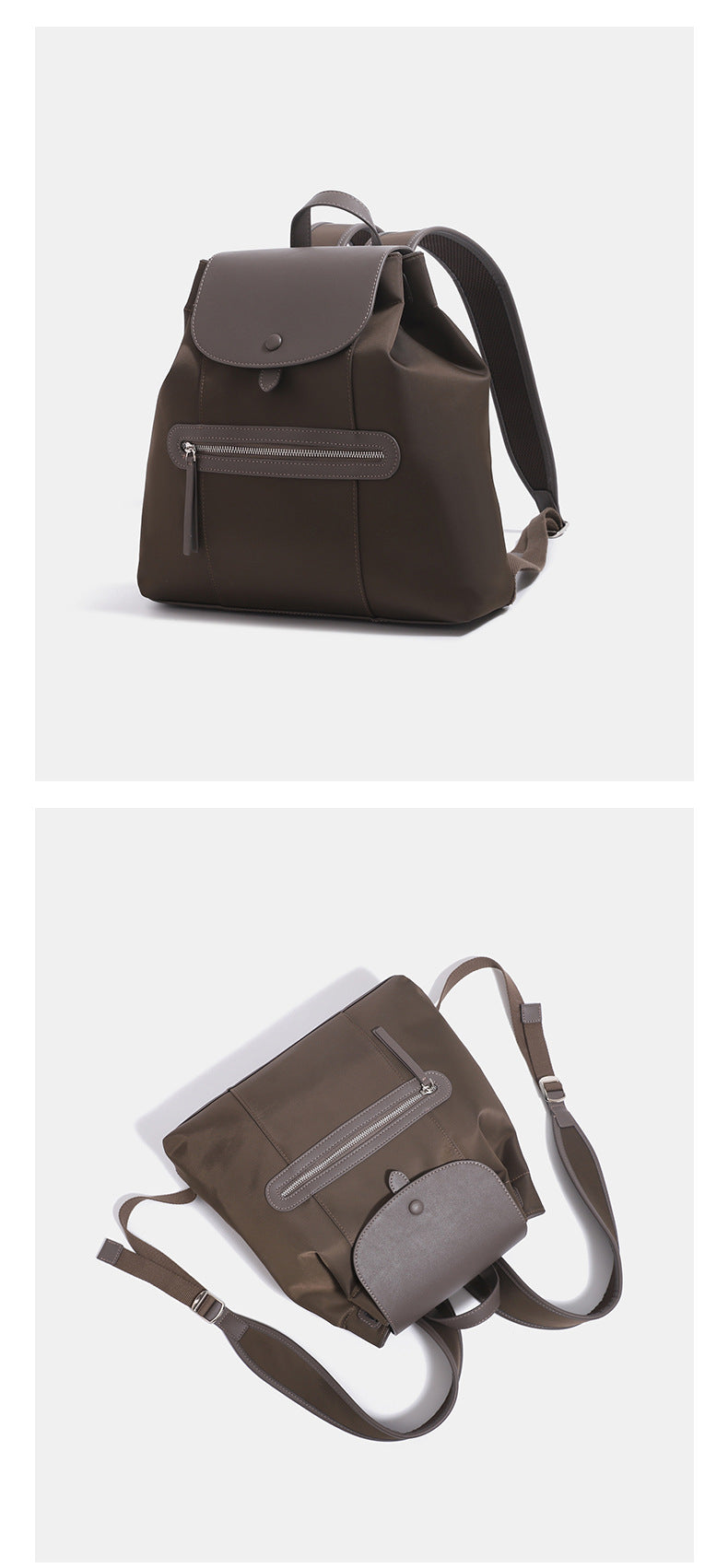 Structured flap backpack handbag with snap closure and front zip pocket, detail view 12
