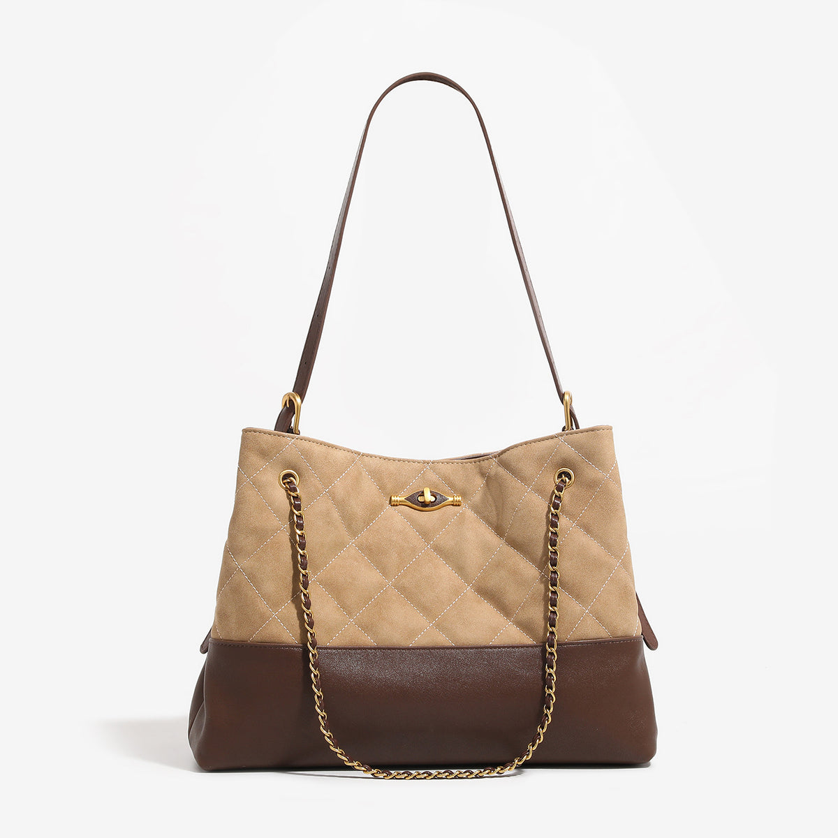 Large quilted two-tone shoulder tote bag with gold-tone chain handles and eye-shaped clasp hardware, detail view 7