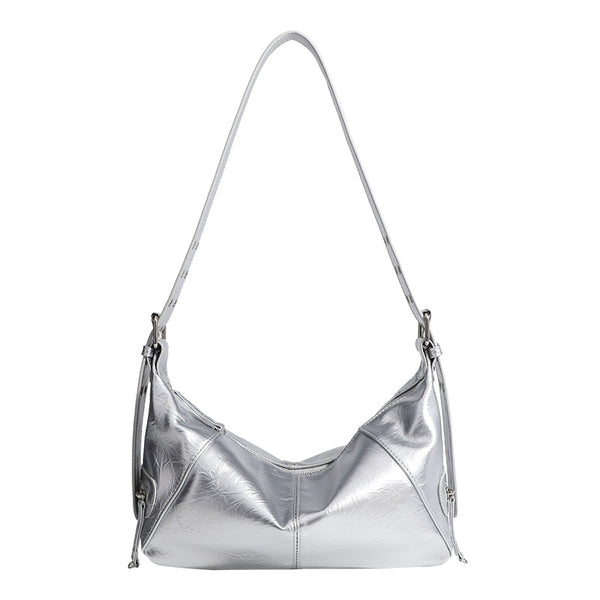 Glossy crinkled mini hobo shoulder bag with studded adjustable strap and silver-tone hardware, detail view 5
