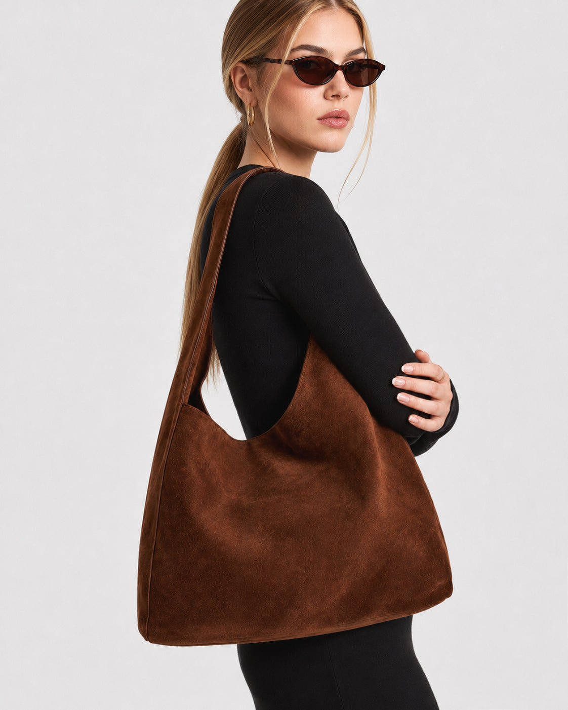 Large slouchy hobo shoulder bag in brushed suede-like finish with single flat strap and unstructured body, detail view 12