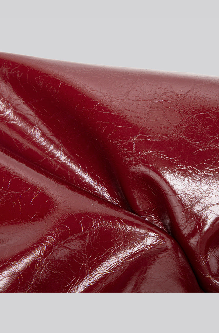 Glossy leather-look hobo shoulder bag with gold-tone chain-and-leather strap in deep burgundy red, detail view 17