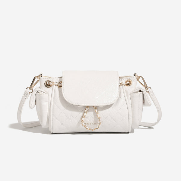 Small quilted diamond-pattern chain shoulder bag with flap closure and gold-tone hardware, detail view 6