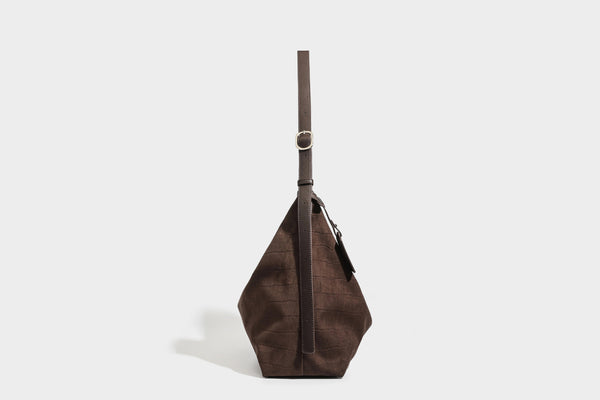 Slouchy hobo shoulder bag in matte croc-embossed leather-look finish with top zip closure and long adjustable strap, detail
