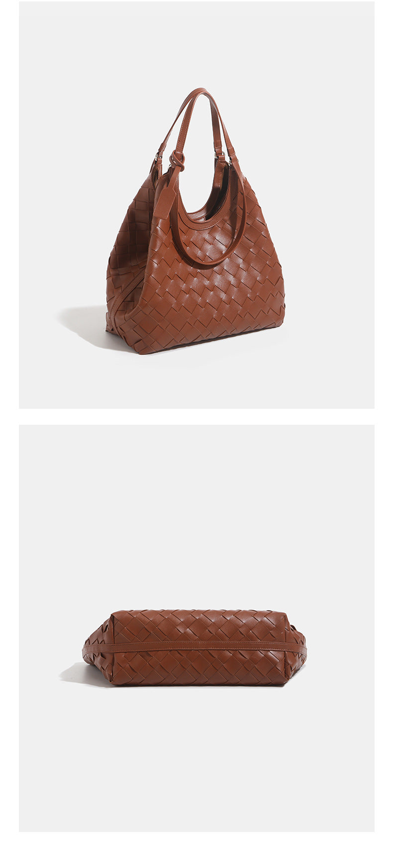 Large woven leather-look tote bag with open top and dual shoulder handles, detail view 12