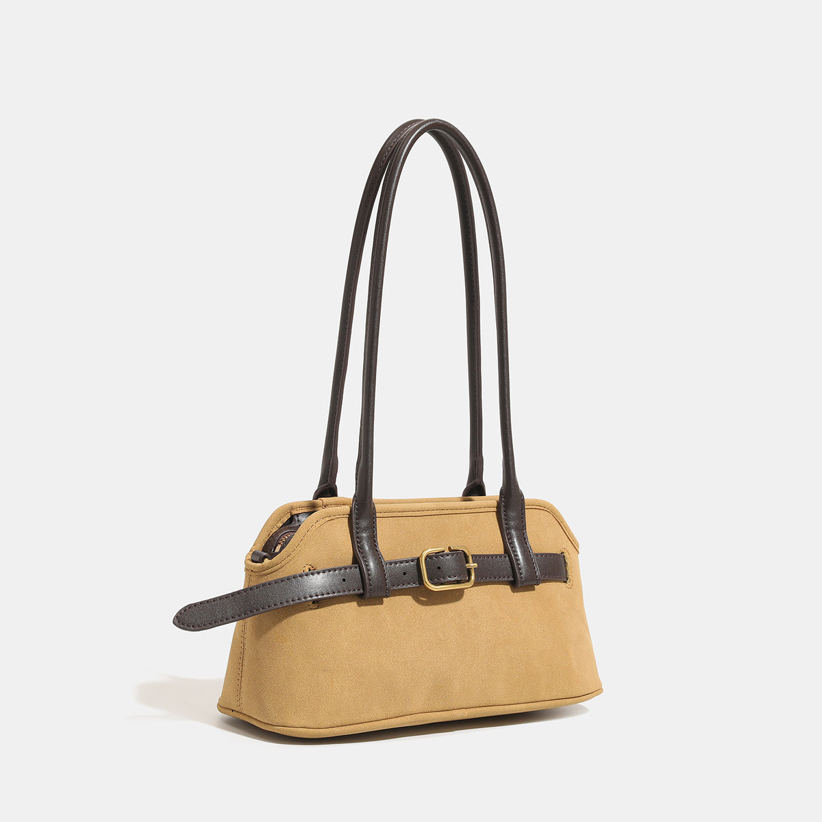Kleine strukturierte Retro-Schultertasche mit Schnallendetail am Riemen, zwei Tragegriffen und goldfarbenen Beschlägen, Detailansicht 3